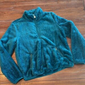 Lilly Pulitzer Faux Fur Quarter Zip Pullover | Size S | Teal Blue Gold Zip